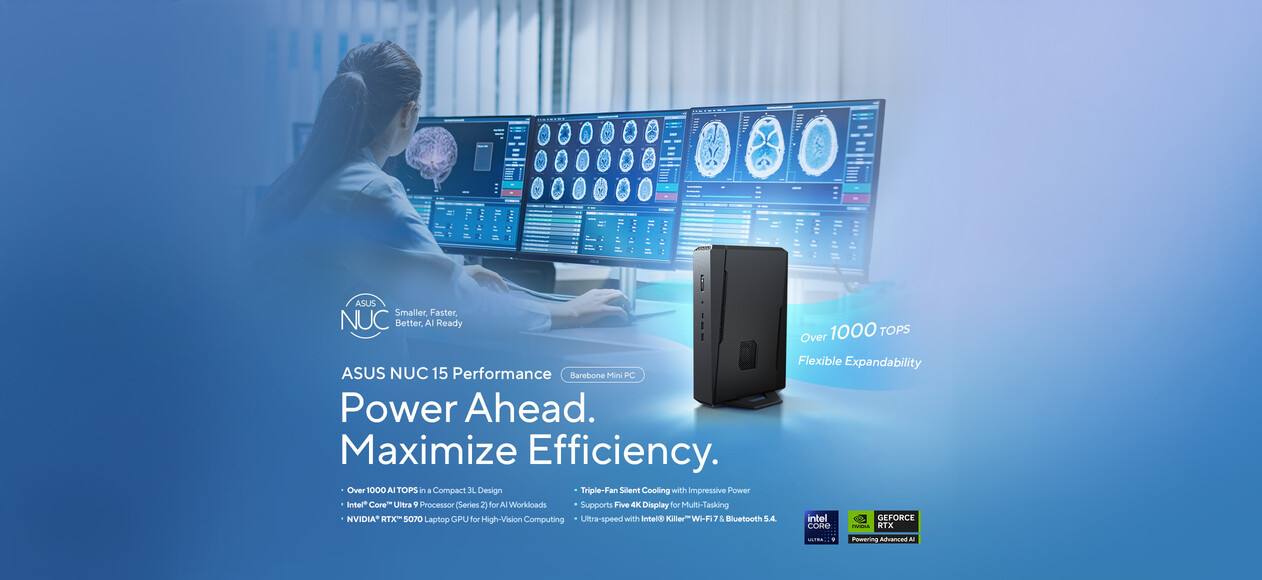 A person uses an ASUS NUC 15 Performance mini PC to review medical scans on multiple monitors.