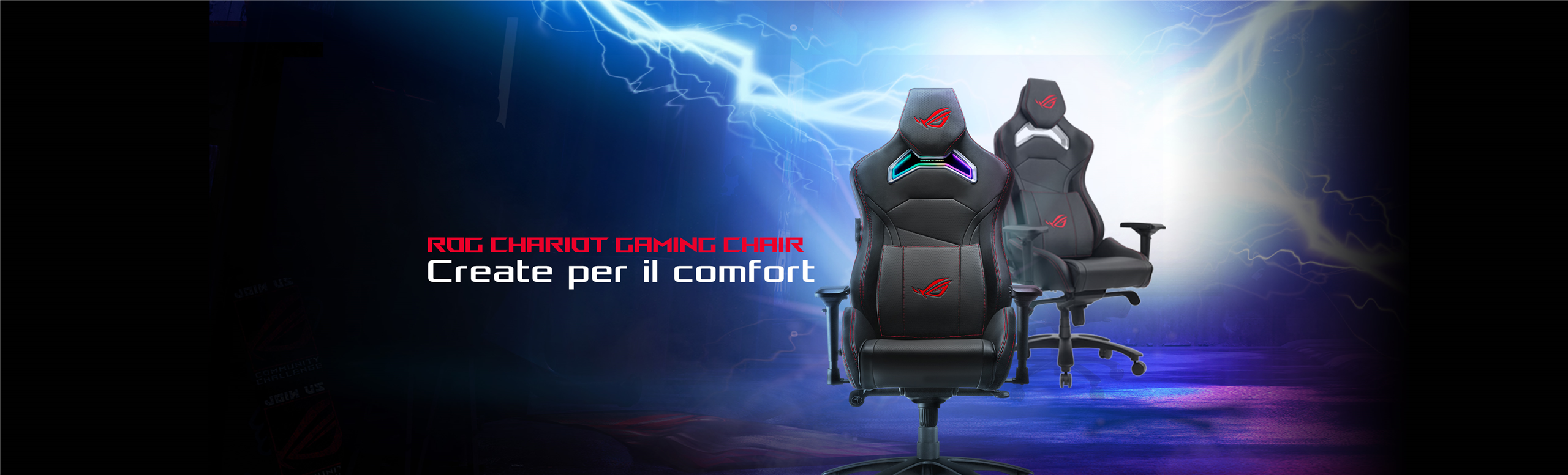 L'immagine mostra due sedie da gaming marchiate ROG Chariot in primo piano, con un design ergonomico e dettagli luminosi.