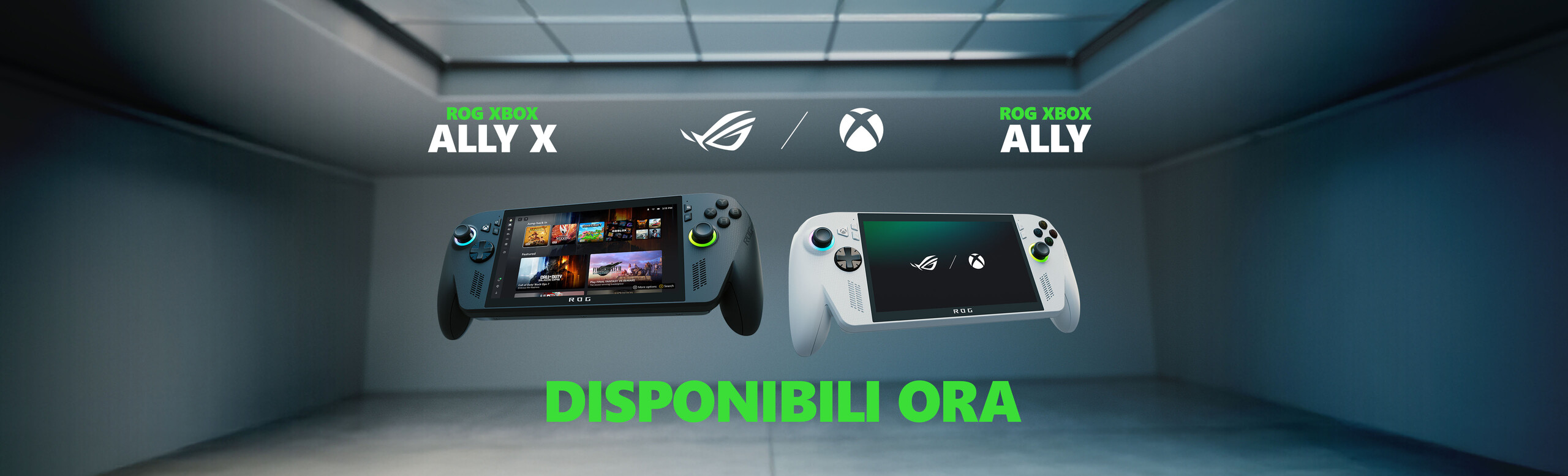 Banner con i due modelli di ROG Xbox Ally e la scritta ROG Xbox Ally disponibili ora