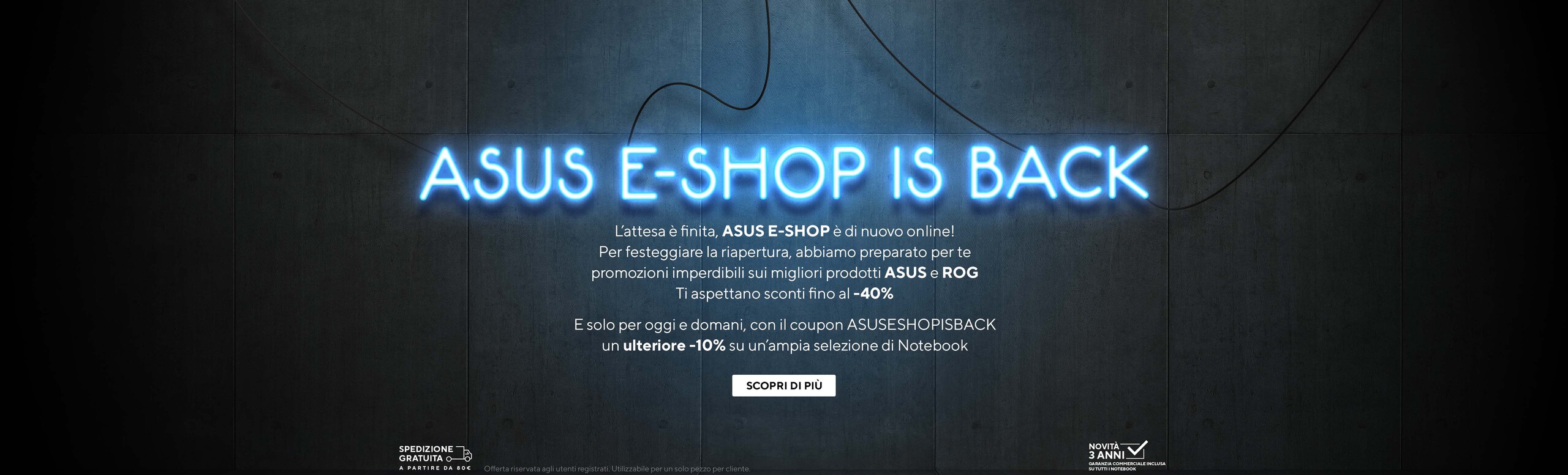 L'immagine mostra la promozione del 40% sui prodotti ASUS e ROG per festeggiare il ritorno di ASUS ESHOP con un extra 10% di sconto per il 4 e 5 settembre.