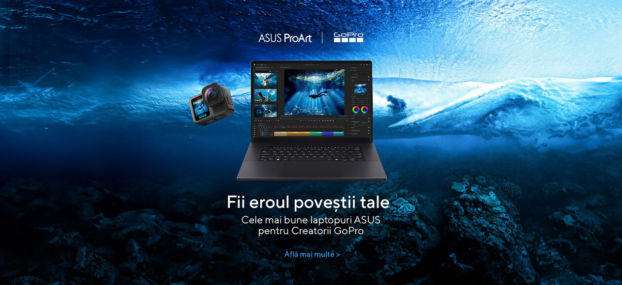 Laptopul proart pozat pe un mediu dinamic sub-acvatic. Slogan Fii eroul povestii tale