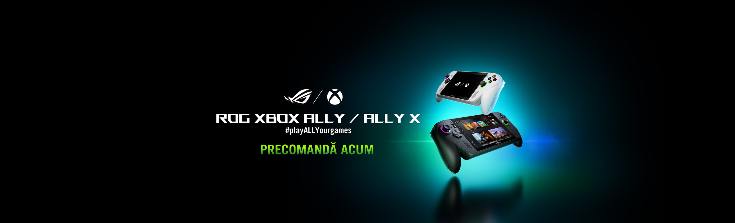 Familia ROG ALLY XBOX cu titlul de precomanda, cele doua console expuse diametral opus, in aer, pe un fundal albastru